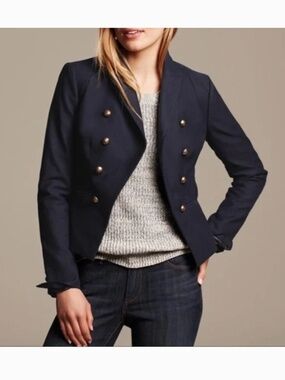 Banana Republic Captain Military Double Breasted Blazer 6 Navy Gold Crest Button